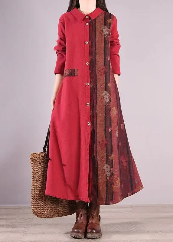 Flash Sale On Stylish Outfits – Hurry Before It's Gone Loose Red Peter Pan Collar Patchwork Warm Fleece Shirts Dresses Fall