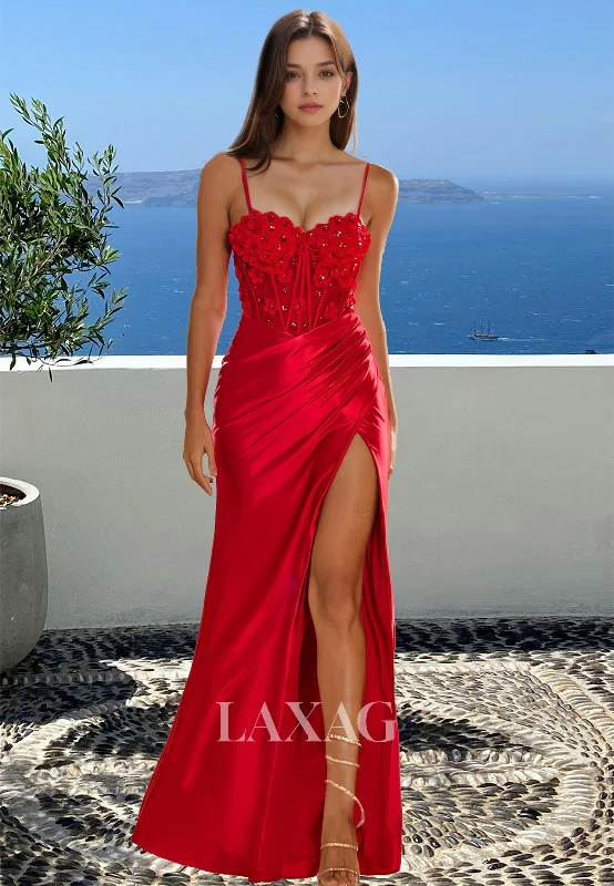 Trendy Boutique Online Sweetheart Spaghetti Straps Sleeveless Mermaid Prom Dress Beaded Floral Embossed Evening Gowns