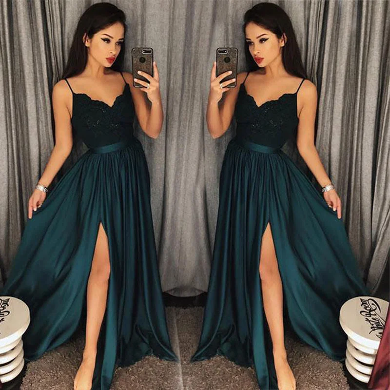 Best Online Women's Boutiques Teal Sexy Slit Prom Dresses 2024 Spaghetti Straps Girls Long Party Gown vestidos de graduacion LP7704