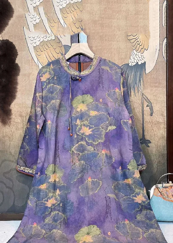 Fashionable Comfort Promotions Vintage Purple Tasseled Embroideried Patchwork Silk Dresses Fall