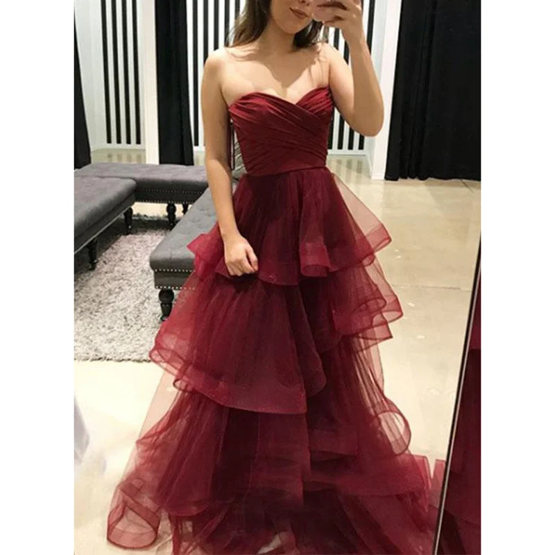 Fashion Sale Sweetheart A Line Burgundy Prom Dresses Long Layered Girls graduation Dress