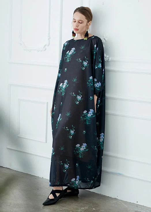 Women's Casual Clothing For Lounging Classy Black O Neck Print Pockets Patchwork Cotton Robe Dresses Fall