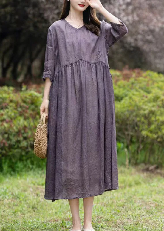 Seasonal Style Discounts Purple Patchwork Linen Dress V Neck Embroideried Wrinkled Summer