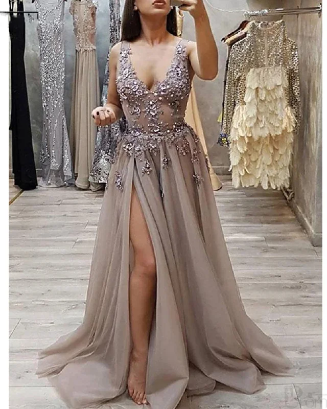 Minimalist Women’s Fashion Clothing Siaoryne PL5412 Sexy V Neck Girls Slit Prom Dresses with Beading Straps Girls Party Dresses 2020