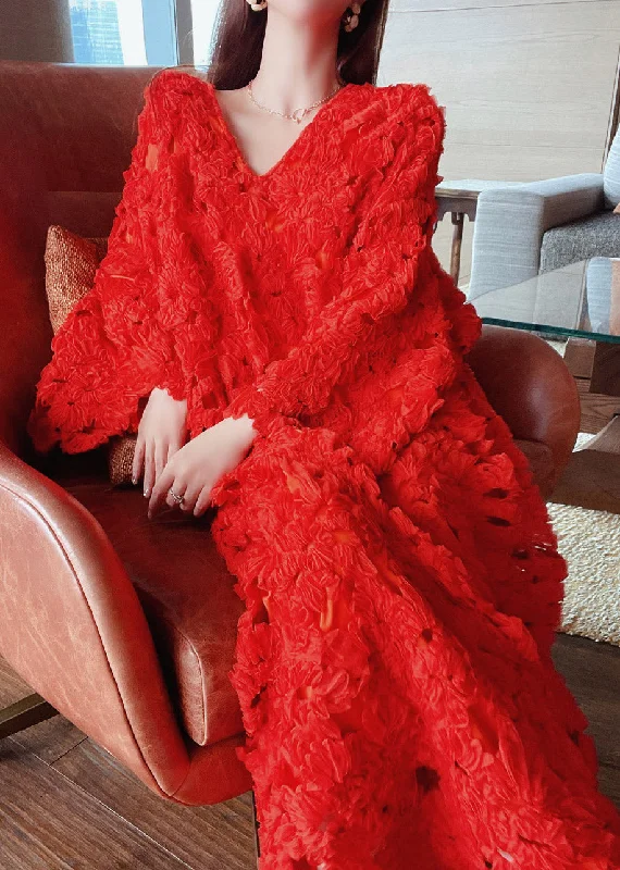 Wardrobe Update Stylish Red V Neck Hollow Out Floral Lace Long Dress Flare Sleeve