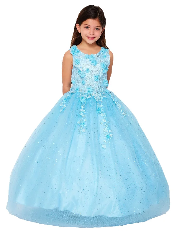 Women’s Trendy Outfits Little Girls Blue 3D Flower Rhinestone Tulle Flower Girl Dress 2-6