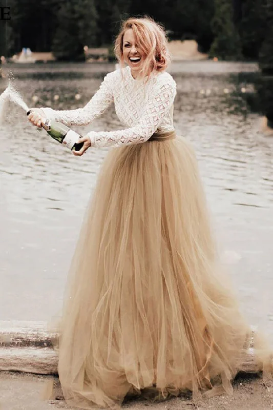 Evening Looks Roycebridal Tulle A-Line Two Pieces Long Sleeves Backless Wedding Dresses, MW530