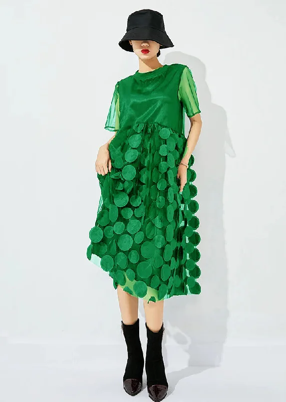 Fashion Sale Women Light Green O-Neck Patchwork Dot Tulle Holiday Dress Summer
