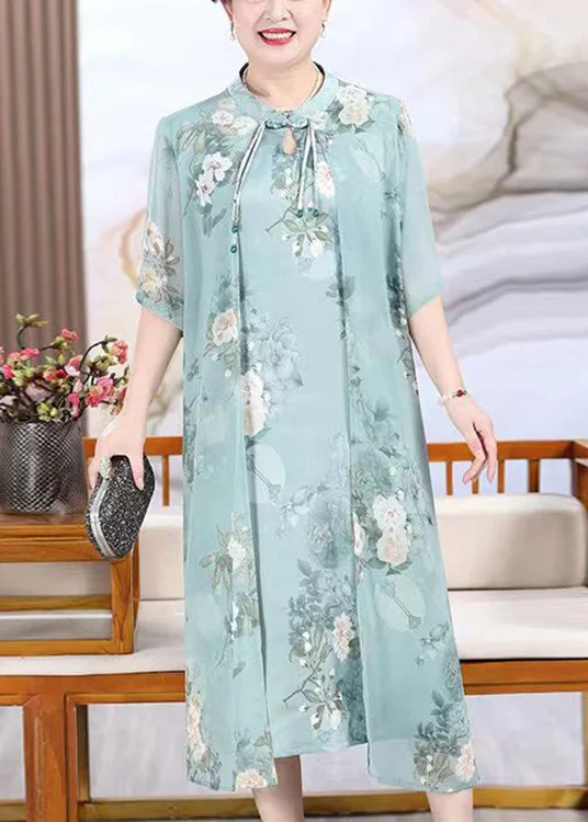 Limited Time Special Offer Loose Light Green Tasseled Print False Two Pieces Chiffon Dress Summer