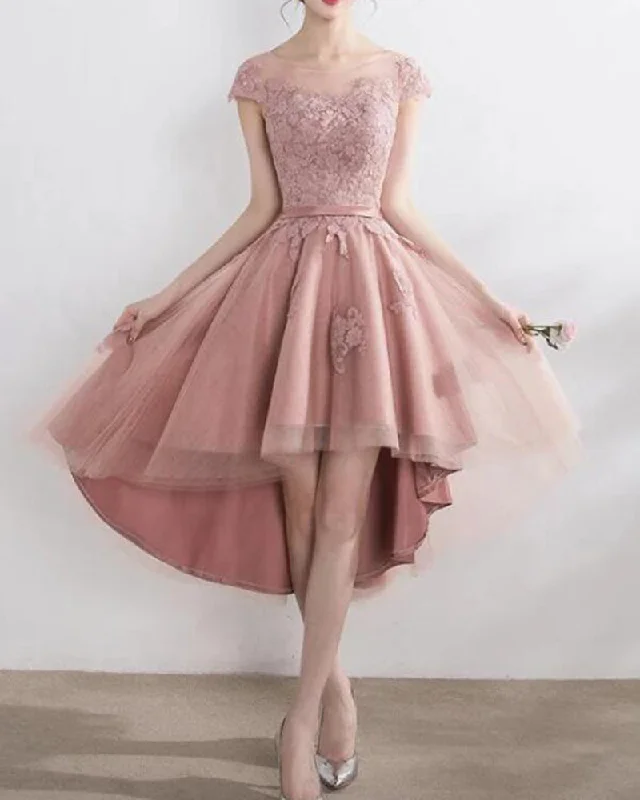 Stylish Women’s Clothes for Work and Play Rose Pink Cap Sleeves Junior Girls Lace Prom Dress High Low 8th Grade Gown PL8852