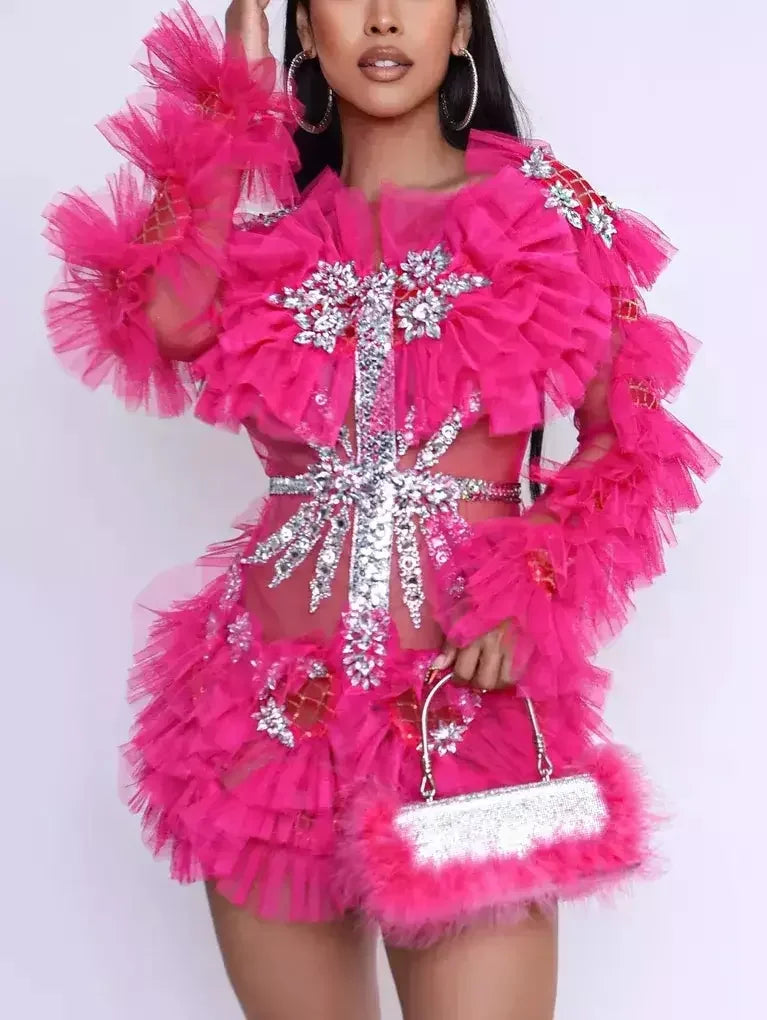 Women Clothes Ruffled Mesh Mini Dress with Appliques in Hot Pink