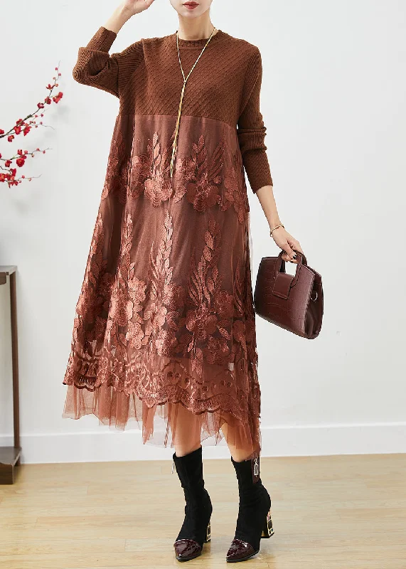 Premium Fashion At Promotional Prices – Limited Time Only Coffee Patchwork Knit Holiday Dresses Embroideried Fall