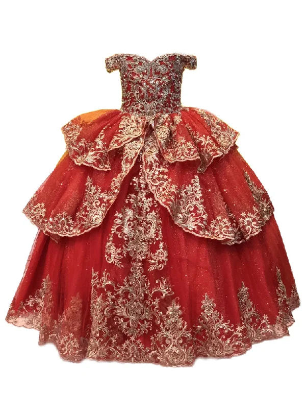 Style Beyond Borders Little Girls Red Glittery Gold Embroidered Off Shoulder Ball Gown 3-6