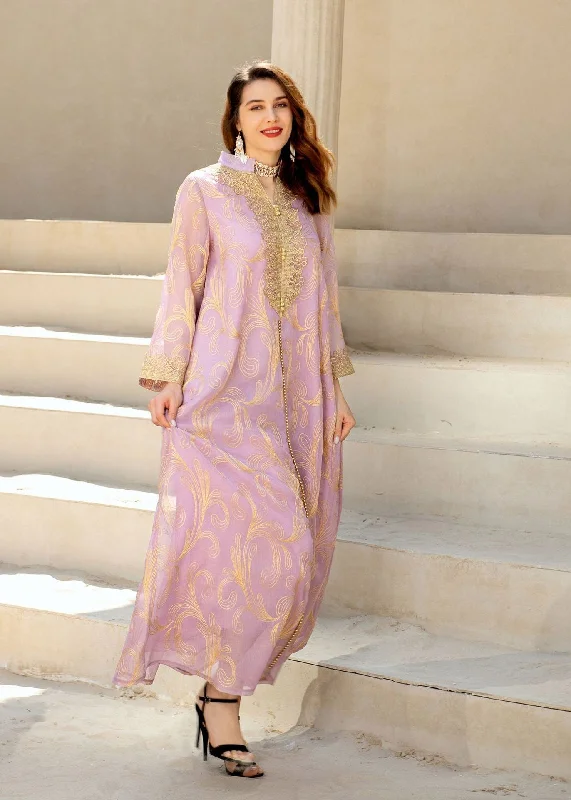 Best Online Women's Boutiques Fashion Light Purple Stand Collar Embroideried Floral Tulle Long Dress Fall