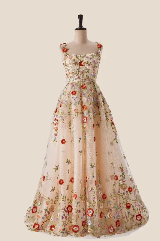 Vibrant Styles Sequin Floral Embroidered A-line Long Formal Gown