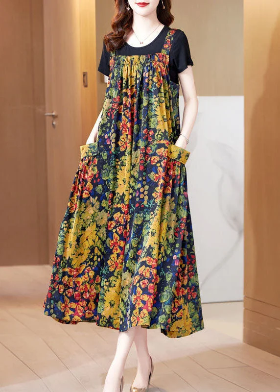 Big Sale Event Casual Yellow Print Exra Large Hem Silk Holiday Dresses Summer