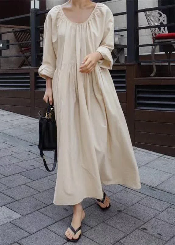 Chic And Affordable Fashion – Shop Now And Save Women Apricot O Neck Wrinkled Patchwork Cotton Dresses Spring