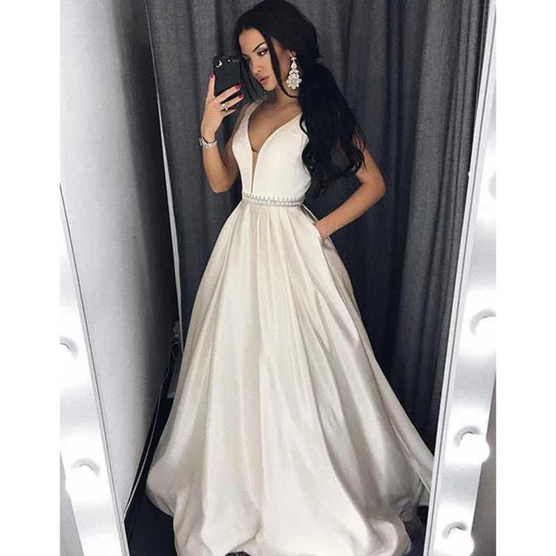Clothes Of Woman Sexy V Neck Ivory Dress Girls Graduation Prom Gown with Beading Belt Long LP701
