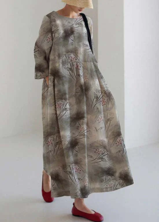 Imeless Style Apricot lotus Cotton Dresses Pockets Patchwork Spring
