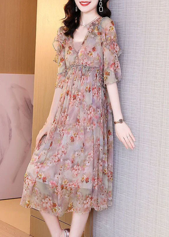 Budget Saver Bohemian Pink Ruffled Print Chiffon Beach Dress Summer
