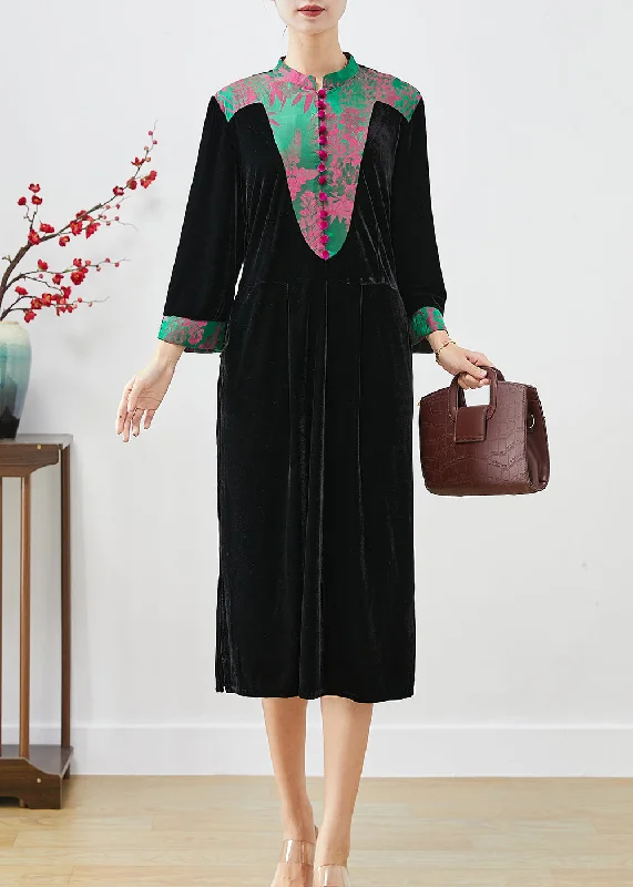 Affordable Luxury – Shop Women's Fashion At Discounted Prices Vintage Black Mandarin Collar Patchwork Silk Velour Dresses Fall