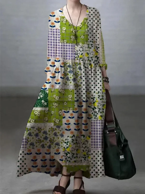 Effortless Style, Endless Impact Floral-Green Simple and Loose V-neck Cotton and Linen Dress