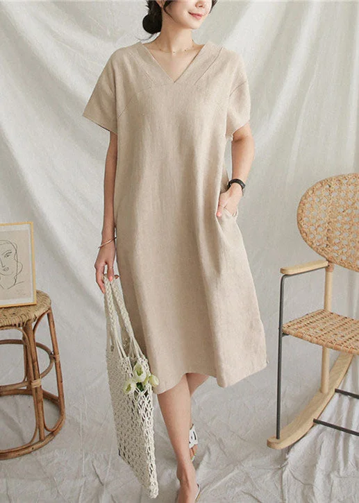 The Perfect Time To Shop And Save Vintage V Neck Patchwork Side Open Linen Mid Dresses Summer