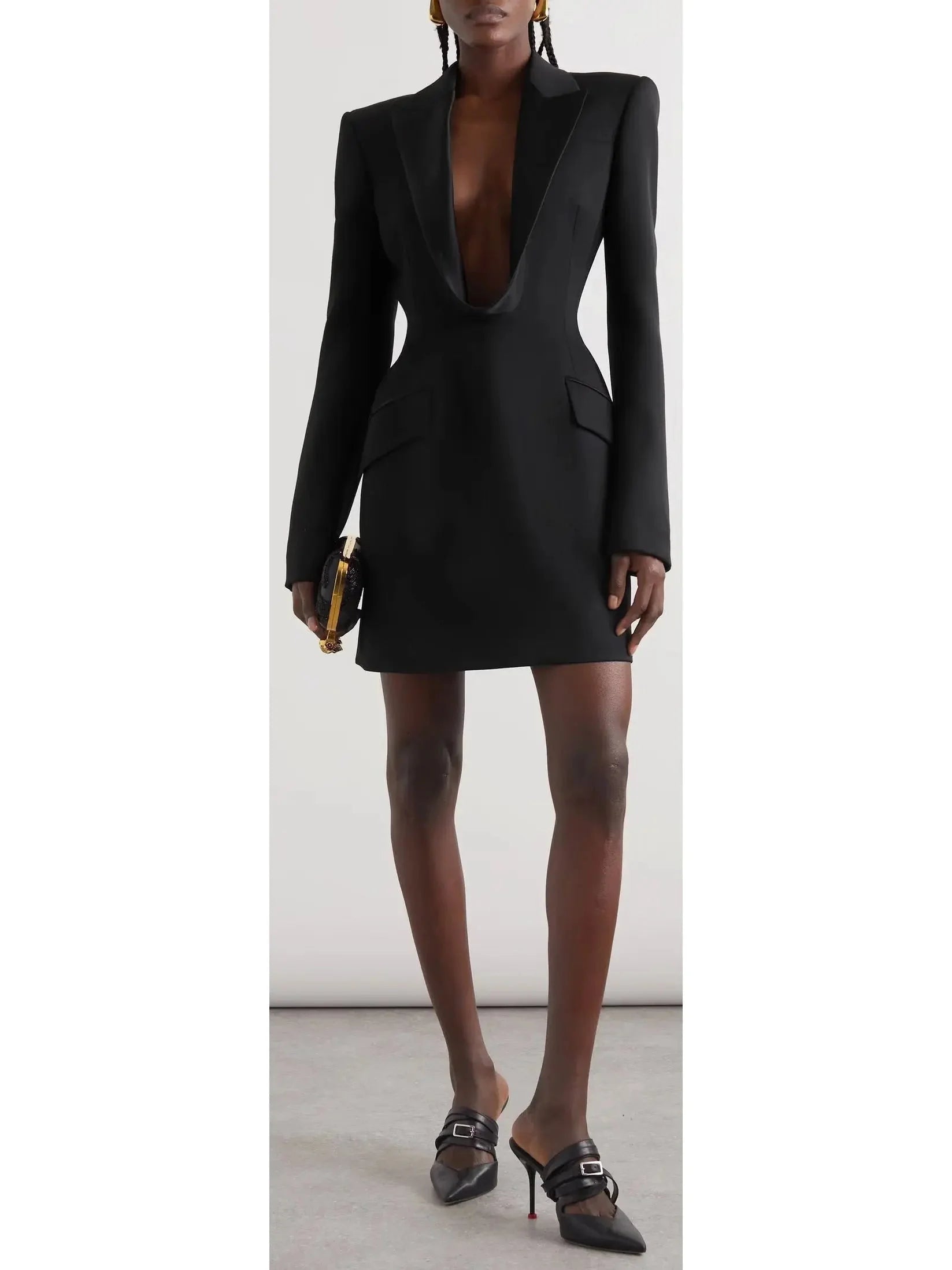 Elegant Styles Black Draped Satin-Trimmed Mini Dress