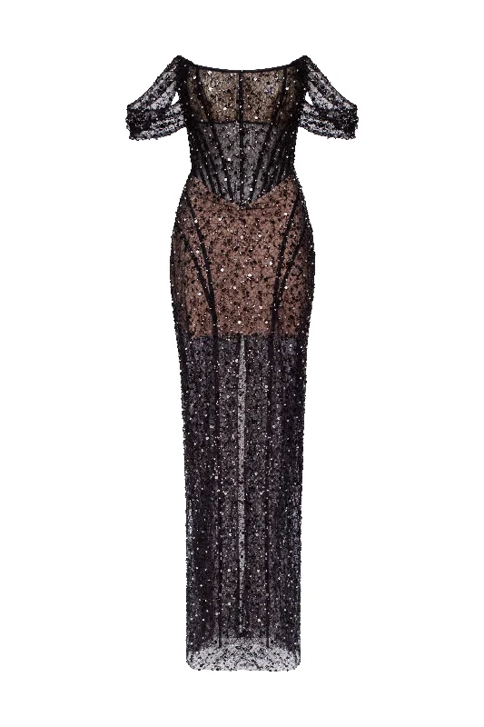 Chic Casual Style Striking black sequined fitted maxi dress 