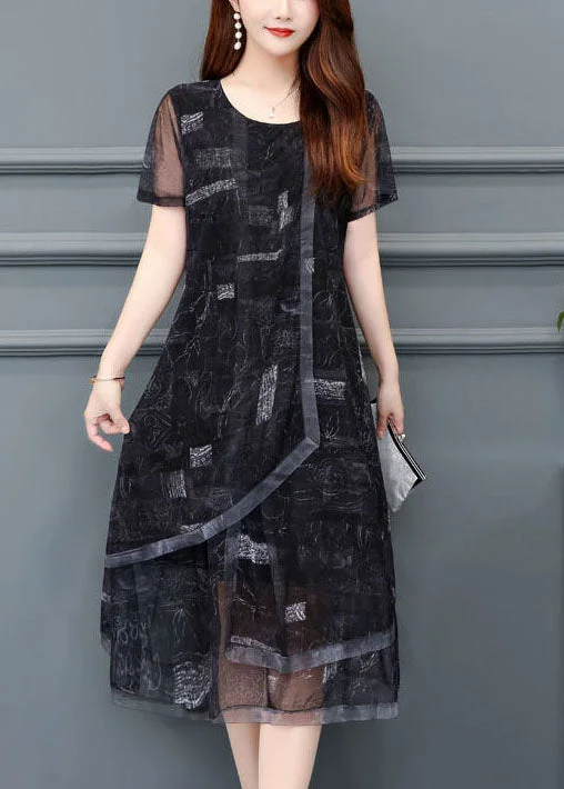 Women's Travel Apparel Women Black O-Neck Print Chiffon Holiday Dress Summer