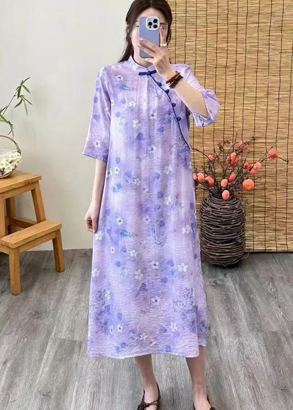 Big Savings On Must-Have Items Chinese Style Purple Print Button Patchwork Linen Dresses Summer