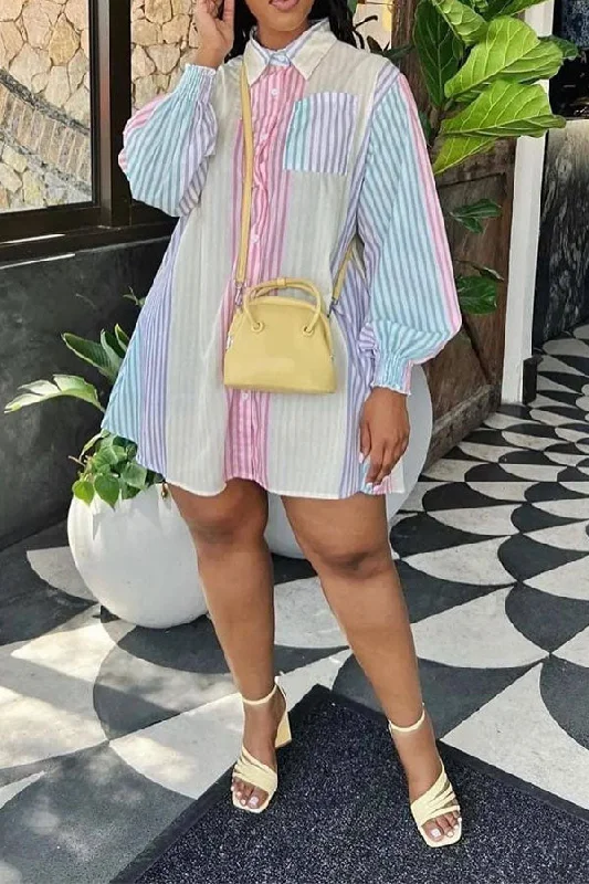 Free Spirited Fashion Rainbow Striped On-trend Shirt Collar Mini Dress