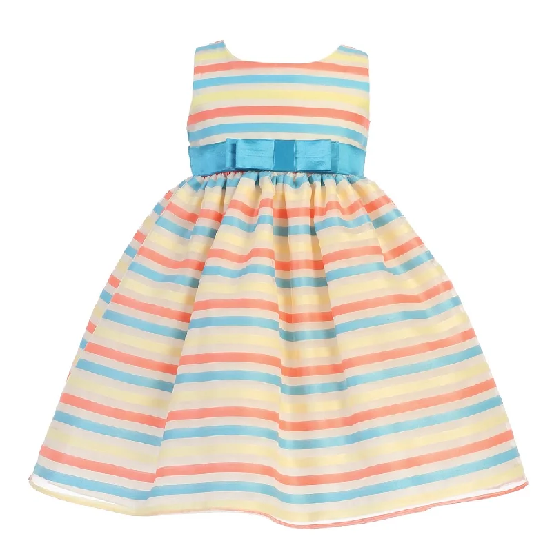 Clothing Sale Baby Girls Ivory Multi Color Stripes Organza Spring Easter Dress 6-24M