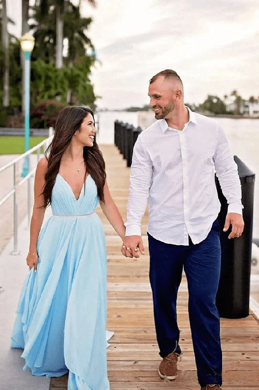 Chic & Cozy Apparel Roycebridal Simple Sky Blue Rustic Thigh Split Beach Wedding Dresses with Sweep Train, MW527