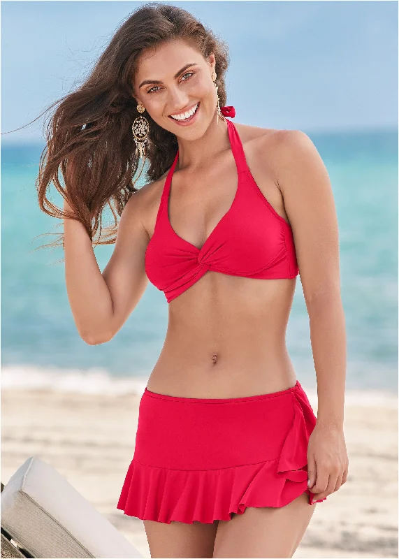 Chic Wardrobe Twist Front Halter Top - Red Hot