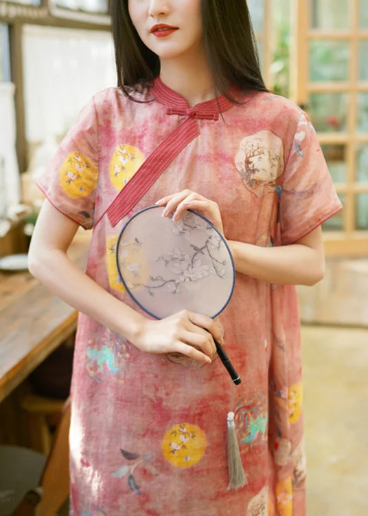 Chic And Affordable Fashion – Limited-Time Offers Stylish Pink Button Print Patchwork Linen Dresses Summer