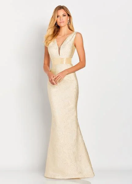 Weekend Exclusive Cameron Blake by Mon Cheri - Plunging Metallic Brocade Gown 119669 - 1 pc Maize In Size 6 Available