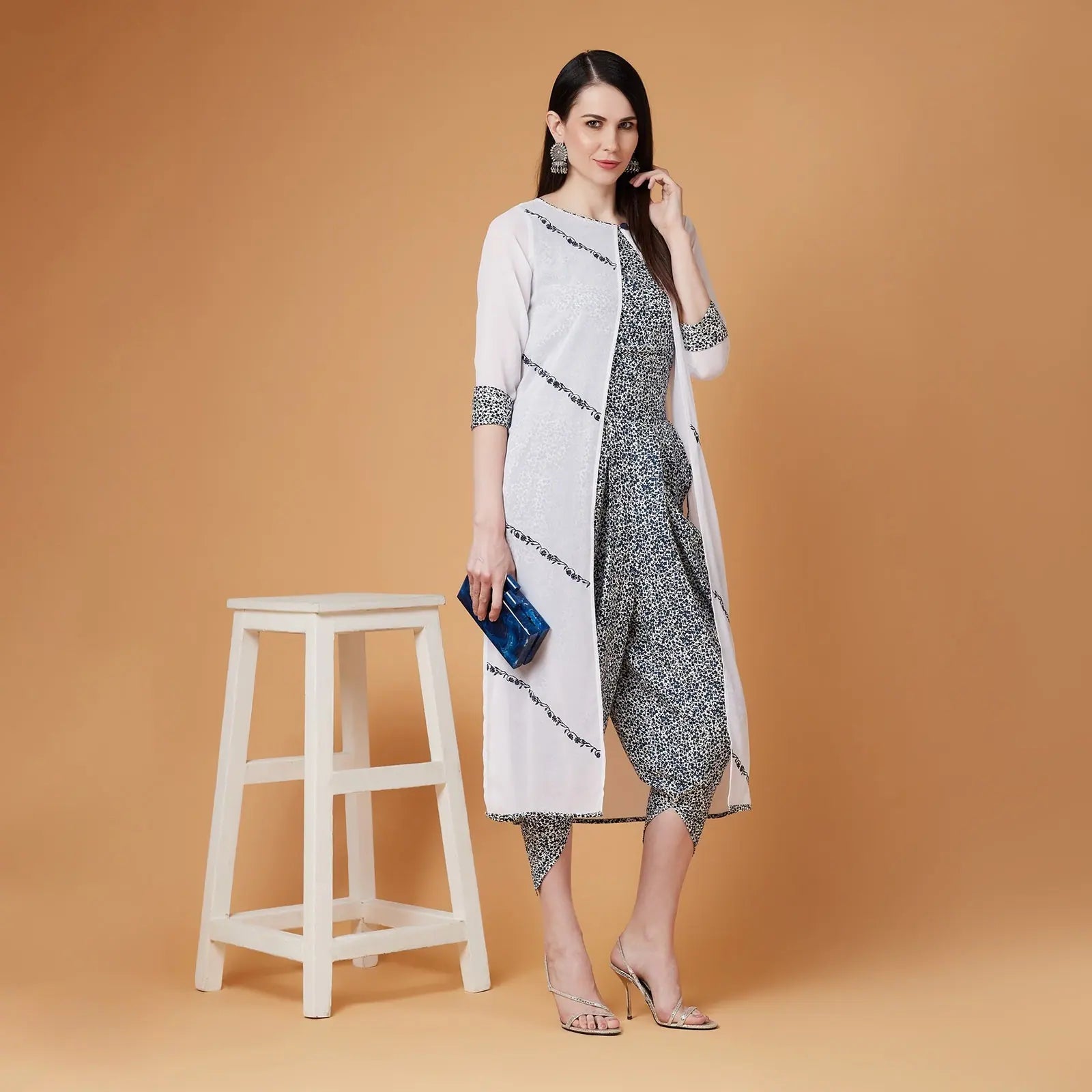 Must-Have Styles Embroidered Shrug With Printed Jumpsuit
