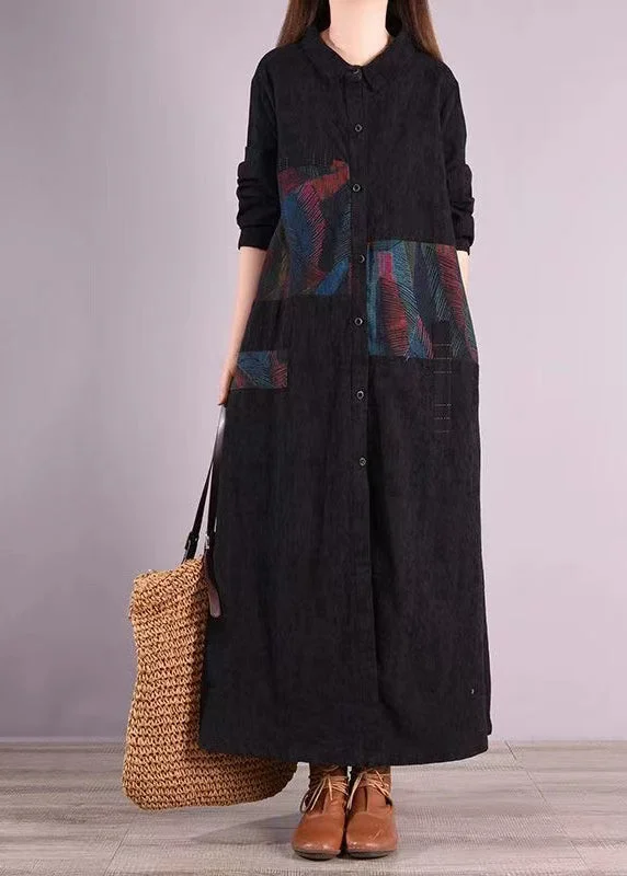 Best Deals On Women's Trendy Outfits – Don't Miss Out Black Patchwork Cotton Shirts Dresses Peter Pan Collar Button Fall