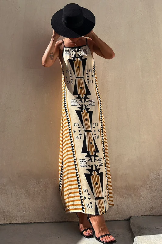 Vintage Fashion Take A Trip Ethnic Print Backless A-line Maxi Dress
