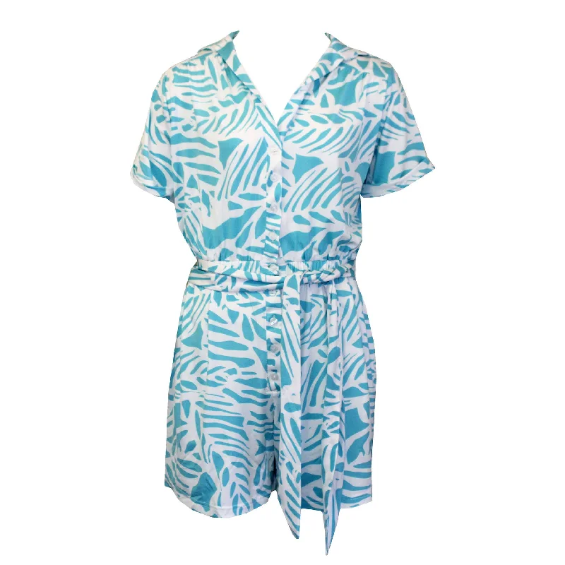 Clothing Brands La Mer Luxe Short Sleeve Renee Romper - Caribbean Blue Tropical Leaf Clothing Brands La Mer Luxe Short Sleeve Renee Romper - Caribbean Blue Tropical Leaf