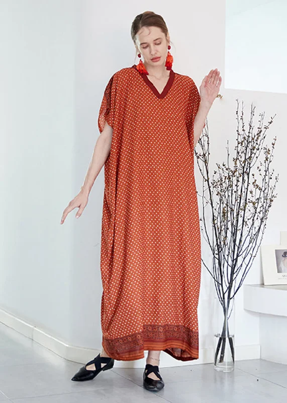 Modern Women's Apparel Plus Size Orange V Neck Print Chiffon Vacation Robe Dresses Summer