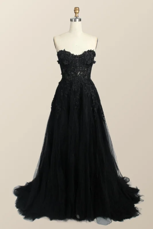 Urban Femme Streetwear Black Floral Embroidery Strapless A-line Formal Dress