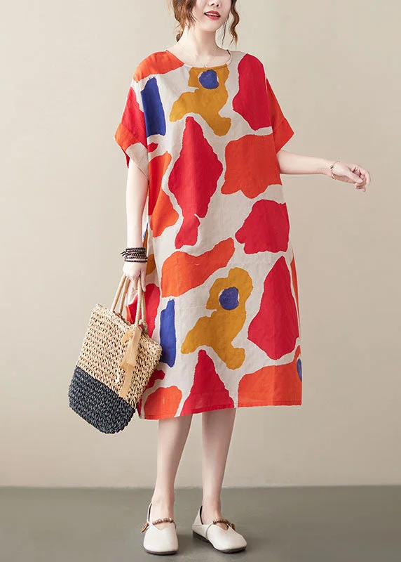 Time-Limited Discounts Just For You Red Print Cotton Holiday Dresses O-Neck Short Sleeve