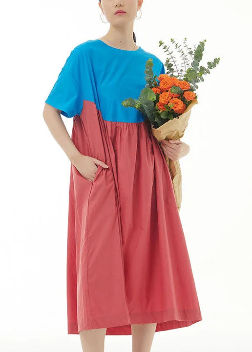 Weekend-Only Price Drops Boutique Blue O Neck Wrinkled Patchwork Cotton Dresses Summer