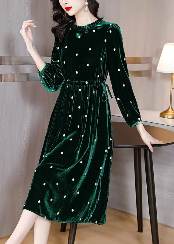 Effortless Chic for Women Beautiful Green Ruffled Wrinkled Drawstring Patchwork Velour Dress Fall
