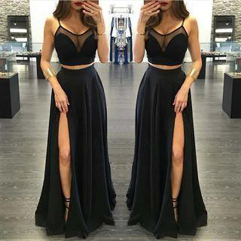 Hot Trends Sexy Black Prom Dress Crop Top Spaghetti Straps Long Party Girls evening Dress with Slit