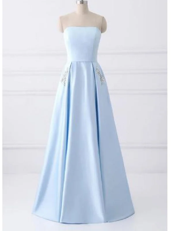 Discount Store Strapless Girls Light Blue Graduation Prom Dresses Long with Beaded Pocket PL1784