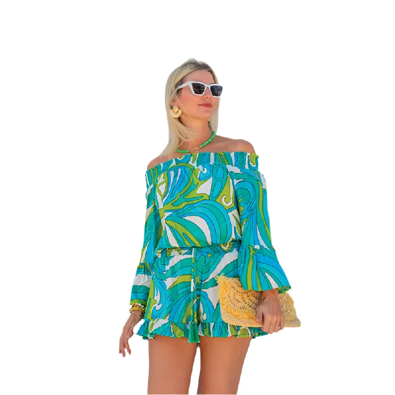 Women Wear Online La Mer Luxe 3/4 Sleeve Jayda Romper - Aquamarine Lisbon