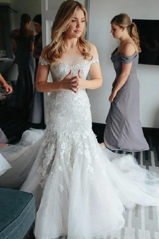 Day To Night Styles Roycebridal Ivory Lace Mermaid Off-the-Shoulder Illusion Neckline Wedding Dresses, MW541